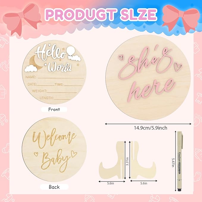 2PCS Hello World Newborn Sign and she's here, Gender Reveal Welcome baby Announcement Sign Board Wooden Birth Name Announcement Plaque and Pen for Baby Shower Photo Props Hospital Nursery