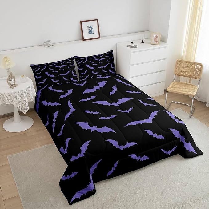 Erosebridal Happy Halloween Comforter Set with 1 Pillow Case Dark Purple Gothic Bats Quilt Twin Size for Kids Boys Black Spooky Cartoon Gothic Bedding Set
