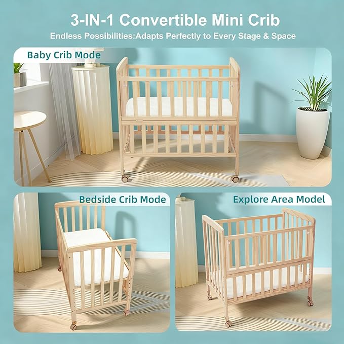 Portable Mini Baby Crib - Convertible Baby Cribs with Soft Foam Mattress(33 * 20"),6 Heights Bedside Bassinet Sleeper,Wheeled Bedside Crib Co Sleeper for Small Space,Unpainted