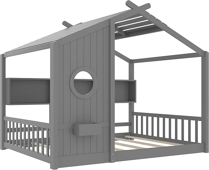 Full Size House Bed with Storage Shelves for Kids,Kids Montessori Floor Bed, Cute Wood House Bed Frame Full with Roof for Girls,Boys,Can be Decorated,Gray