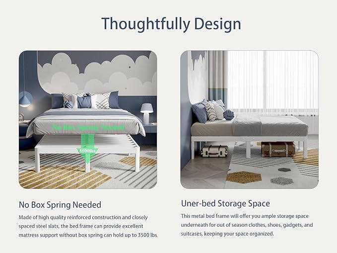 White Bed Frame Queen Size 14 Inch, Metal Queen Bed Frame No Box Spring Needed, Heavy Duty Steel Support 3500 LBS, DIY Headboard, Noiseless, Round Corner Legs, Storage Space, Easy Assembly