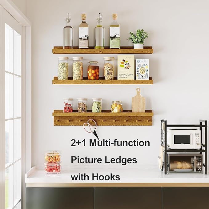 MBYD Floating Shelves 36 Inch, Nursery Book Shelves for Kids Room, Hanging Bookshelf with Hooks Set of 3, Light Walnut Wood Picture Ldge Shelving, Kitchen Wall Shelf Spice Rack for Bedroom Bathroom
