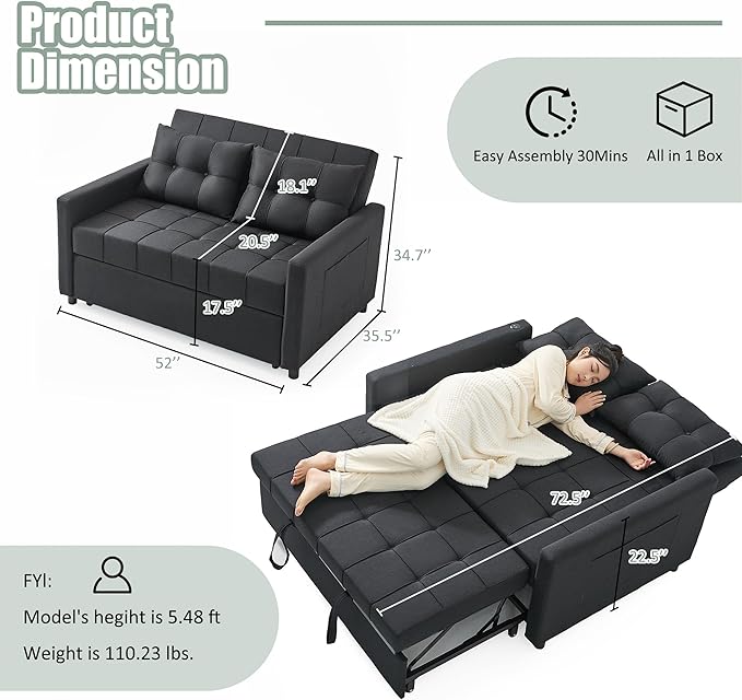52" Sleeper Sofa with Pull-Out Bed, 3-in-1 Convertible Sofa Bed, Loveseat with Stepless Adjustable Backrest and Side Pocket, for Living Room Dorm Apartment, Linen, Black