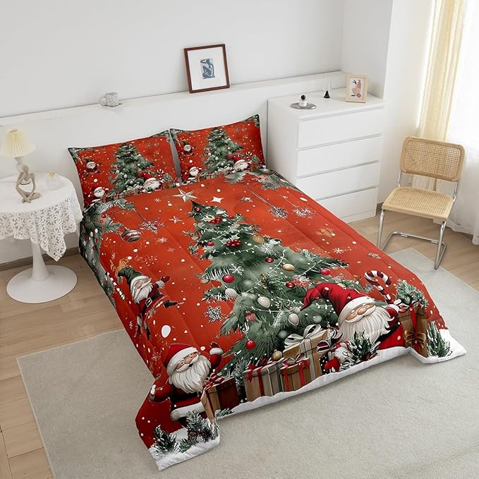 Christmas Theme Comforter Set Twin Size,Snowflake Christmas Tree Bedding Set for Kids Teens Adults Room Decor,Santa Claus Red Quilt Set 2Pcs,X'mas Star Polka Dot Glitter Duvet Insert,1 Pillowcase