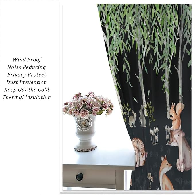 Forest Animal Curtains, Watercolor Cartoon Woodland Plants Animals Bears Moose Mushrooms Printed Curtains for Kids Boys and Girls Bedroom Window Drapes 63x72in