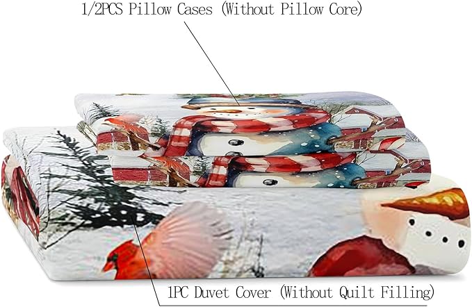 LUVIVIHOME 2PCS Cute Snowman Duvet Cover Twin Bedding Sets, Christmas Bedding, Red Bird Cardinal Poinsettia Winter Holiday New Year Xmas Gifts Christmas Comforter Bedspread Quilt Cover, 1 Pillow Sham