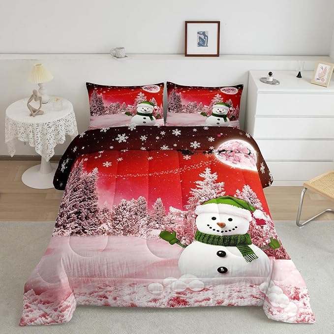 Feelyou Kids Merry Christmas Decorations Toddler Size Comforter Set Xmas Snowman Bedding Set Red Quilt Set Soft Warm Lightweight Duvet Set