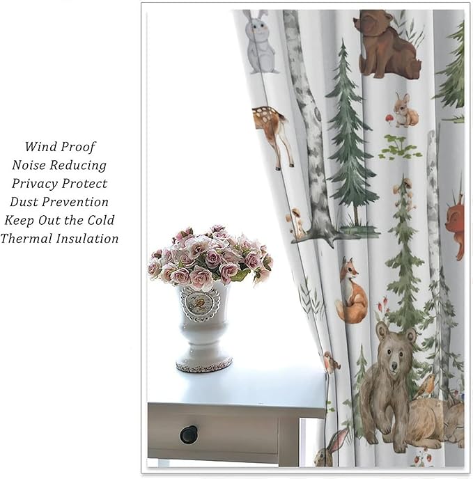 Animal Kids Curtains, Woodland Squirrel Rabbit Bear Animal Friends Forest Curtains for Boys and Girls Bedroom Living Room Kitchen 63x72in