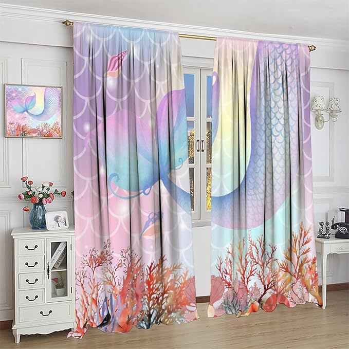 Dream Mermaid Curtains Colorful Mermaid Fish Tail Scale Fantasy Ocean Theme Beautiful Kids Window Treatment for Girls Bedroom Nursery Room Decor Rod Pocket Window Drapes 84x84in
