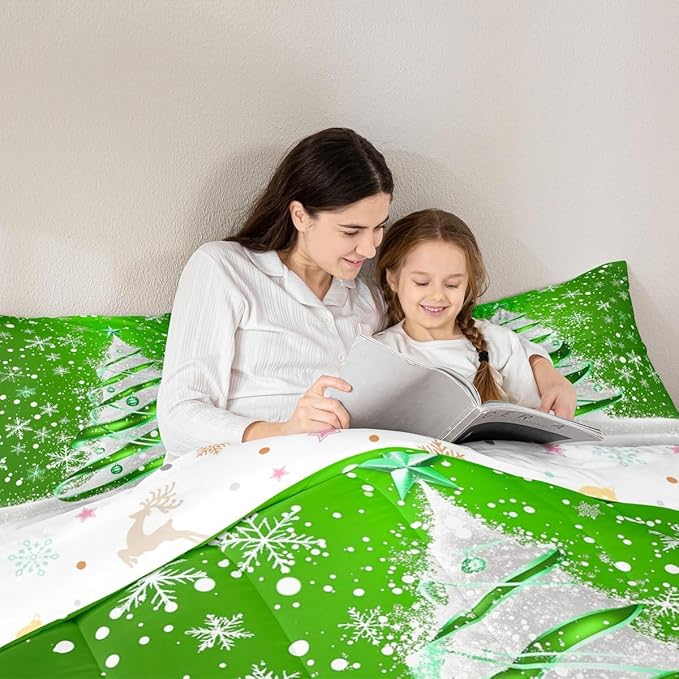 Feelyou Merry Christmas Comforter Set All Season Christmas Tree Bedding Set with 1 Pillow Cases Snowflake Microfiber Kids Toddler Bedclothes Winter Bedroom Decor Duvet Quilt Breathable Soft
