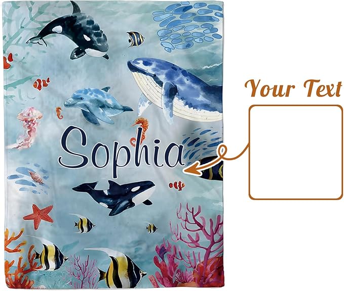 Custom Baby Blanket - Ocean Animals Theme Personalized Name Blanket for Boys Girls, Soft Infant Toddler Blanket with Whale and Dolphin, Customizable Nursery Bedding (47" x60)