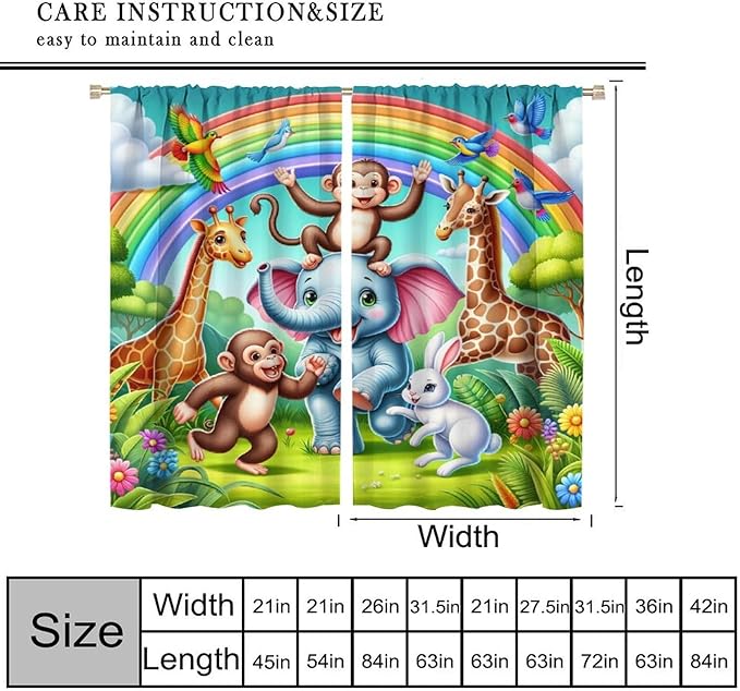 Animals Window Curtain Rod Pocket Kids Boys Girls Forest Giraffe Elephant Monkey Flowers Window Treatment for Baby Children Bedroom Living Room 84" W X 84" L