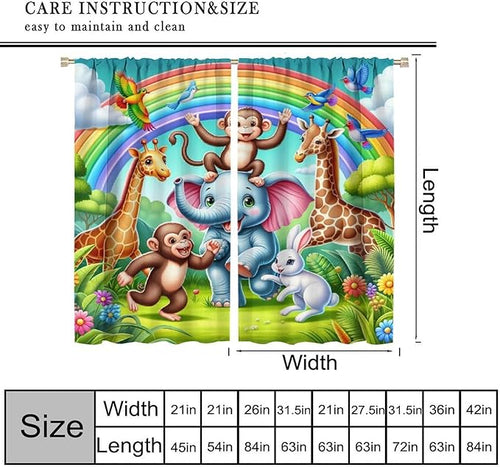 Animals Window Curtain Rod Pocket Kids Boys Girls Forest Giraffe Elephant Monkey Flowers Window Treatment for Baby Children Bedroom Living Room 63" W X 72" L