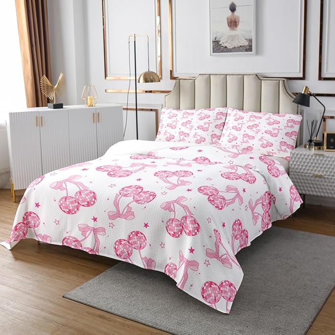 Pink Bowknot Princess Bedspread Queen Size,Disco Crystal Ball Western Cowgirl Coverlet Set,Girls Women Room Decor,Stars Bow Tie Sweet Romantic Quilted Coverlet,Dreamy Bedding Quilt,2 Pillowcases