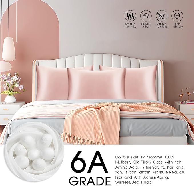 100% Mulberry Silk Pillowcase for Hair and Skin,Both Sides Natural Silk Bed Pillow Case with Hidden Zipper,19 Momme Grade 6A,1pc,Blush Pink,Standard Size 20x26 Inches