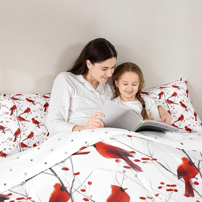 Feelyou Berries and Cardinals Pattern Comforter Set All Season Red Cardinal Bedding Set with 2 Pillow Cases Christmas Kids Full Bedclothes Bird Print Decor Animal Decor Duvet Quilt Soft Lightweight