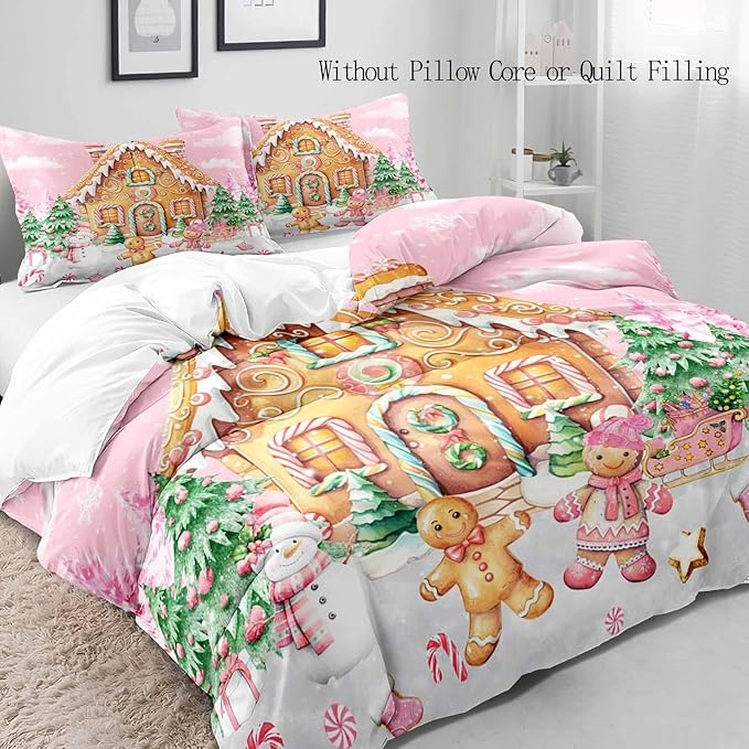 LUVIVIHOME 2PCS Pink Gingerbread House Duvet Cover Twin Bedding Sets, Teen Girl Bedding, Gingerbread Man Snowman Christmas Tree Candy Cane Winter Holiday Kids Christmas Comforter Cover, 1 Pillow Case