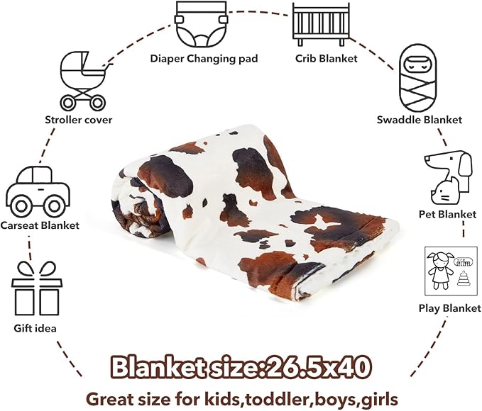 Cow Baby Blanket for Boys Girls Soft Fleece Minky Blanket with Dotted Backing Double Layer Newborn Toddler Blankie for Nursery Stroller Crib Gift to Son Nephew Grandson 26.5 * 40 Inches