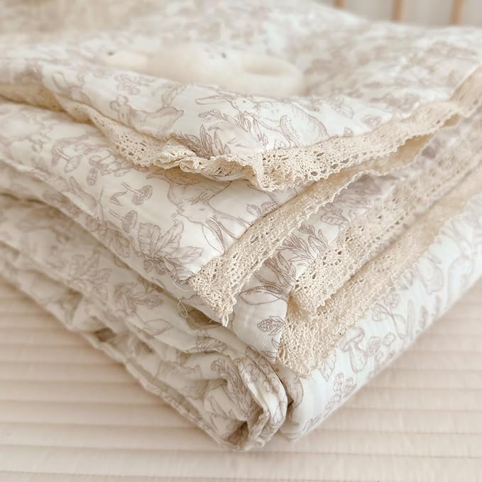 BuLuTu Muslin Toddler Blanket Rabbit Pattern, Soft Cotton Baby Toddler Quilted Blankets for Boys Girls Kids Comforter Lightweight Toddlers Nursery Bedding, Forest Pattern, 60"x78", No Pillow