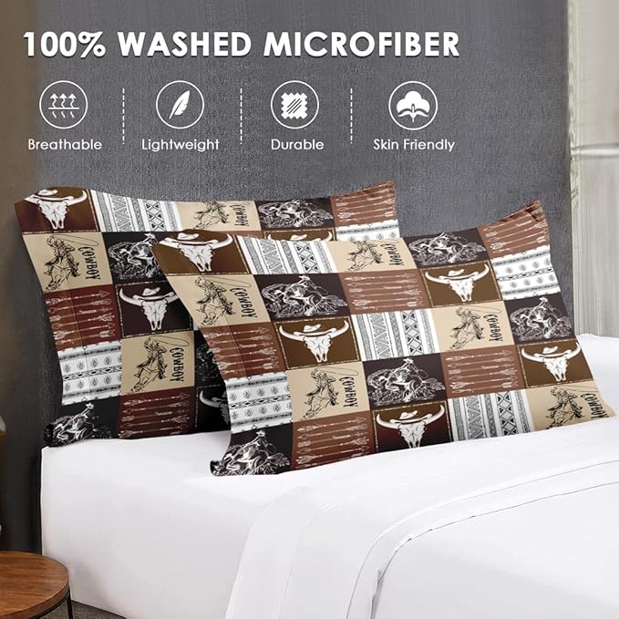 7 Pcs Full Size Comforter Set with 2 Pillowcases & 2 Shams, Cowboy Vintage Brown Bedding for Kids and Adults, Western Bed in a Bag with Flat Fitted Sheet