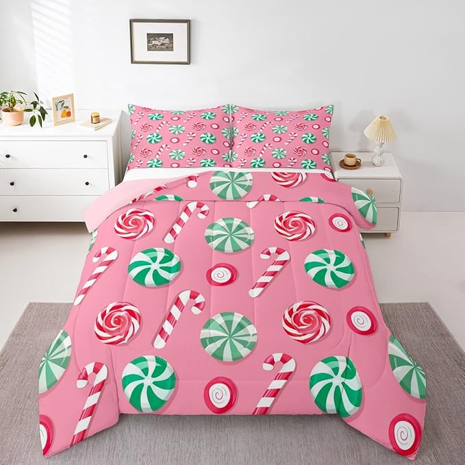 Feelyou Christmas Comforter Set King Size Candy Bedding Set for Kids Boys Girls Xmas Theme Duvet Quilt Bedroom Decor Microfiber 3 Pcs with 2 Pillow Cases