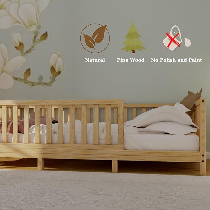 Montessori Floor Bed Designed with Open Front for Girls and Boys | Pine Wood Natural Solid Frame Beds Footed Model with Slats | Sturdy Designed Floor Bed Frame for Kids (Twin, Height : 23 Inches)