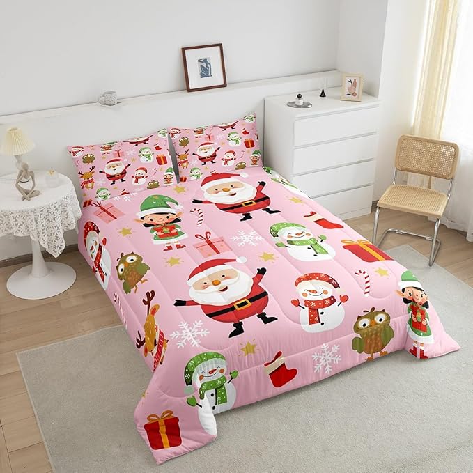 Erosebridal Merry Christmas Bedding Set for Kids Santa Claus Quilts Cute Cartoon Snowman Comforter Set Twin Size with 1 Pillow Case Xmas Snowflake Duvet Insert,Pink