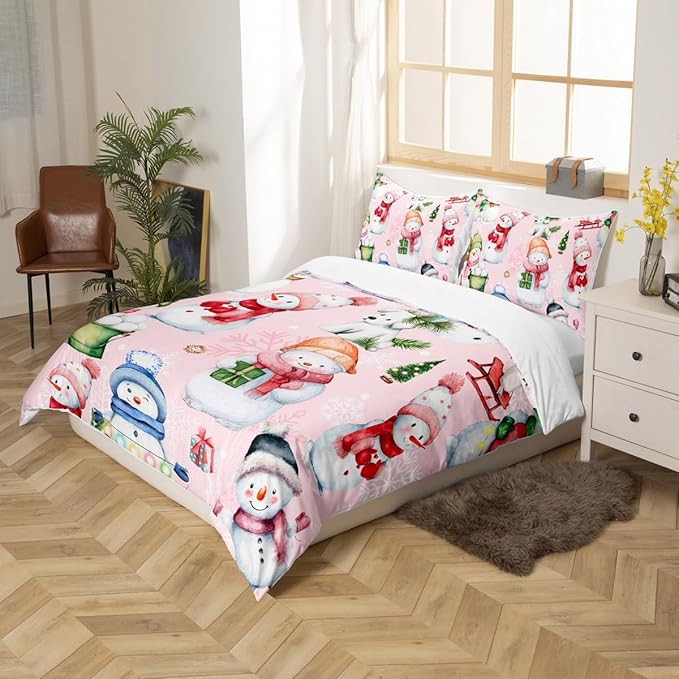Manfei Christmas Duvet Cover Set King Size, Cute Snowman Dogs Snowflake Comforter Cover with 2 Pillowcases, New Year Pink Bedding Set 3pcs for Kids Boys Girls Lightweight Bedspread Cover,No Comforter