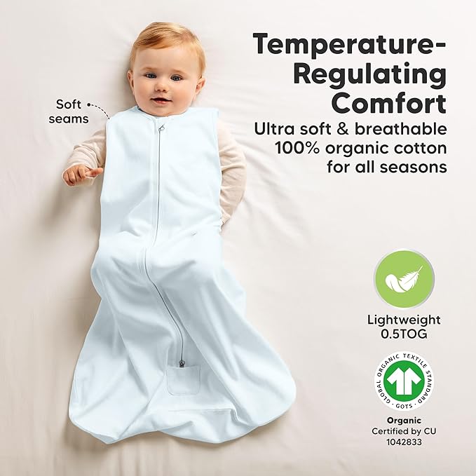 2-Pack Baby Sleep Sacks, Zipper Wearable Blanket - 0.5TOG Organic Cotton, Lightweight, Soft Cozy Toddler Sleeping Sack 6-12 months, Easy to Wear Large Newborn Transition Swaddles Sleepsacks (Glacier)