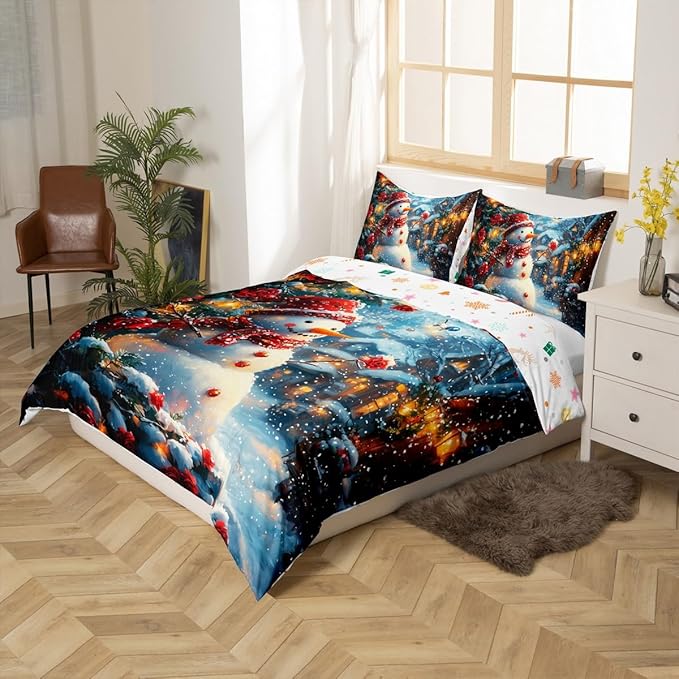 Manfei Christmas Kids Duvet Cover Set Queen Size, Cute Snowman Red Flower Bedding Set for Boys Girls Adults, New Year Winter Comforter Cover, Soft Polyester Quilt Cover, 2 Pillowcases, No Comforter
