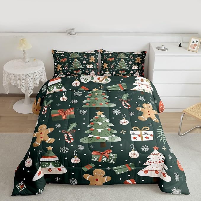 Feelyou Christmas Comforter Set King Size Xmas Tree Bedding Set for Kids Boys Girls Gingerbread Man Duvet Quilt New Year Gift Bedroom Decor Microfiber 3 Pcs with 2 Pillow Cases