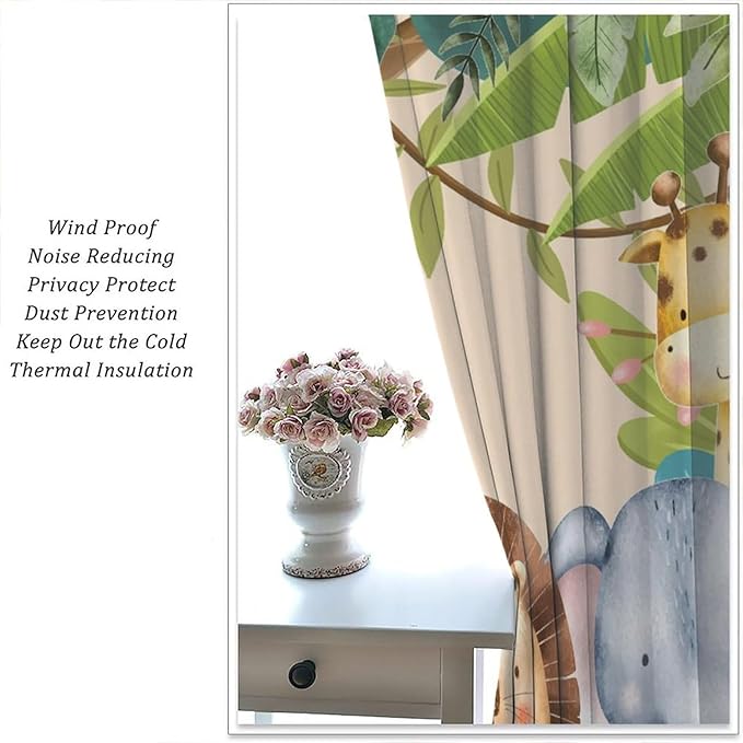 Jungle Animals Curtains Colorful Forest Cartoon Wildlife Lion Giraffe Elephant for Kids Boys Girls Nursery Bedroom Living Room Blackout Rod Pocket Decoration Window Drapes 2 Panels W21xL63in