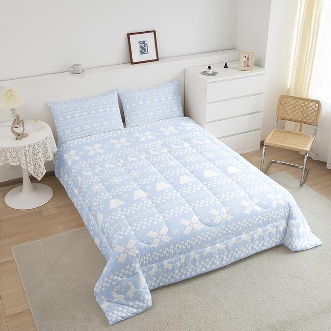 Feelyou Christmas Bedding Set for Kids Boys Girls Twin Size Xmas Deer Decor Comforter Set Ultra Soft Xmas Snowflake Comforter Winter Duvet Quilt Bedroom Decor Christmas Decorations Quilt