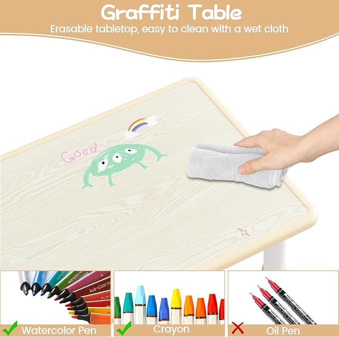 Kids Table and 4 Chairs Set, Height Adjustable Toddler Table and Chair Set for Ages 2-10, Graffiti Desktop, Non-Slip Legs, Arts & Crafts Table, Children Activity Table for Daycare Classroom Home