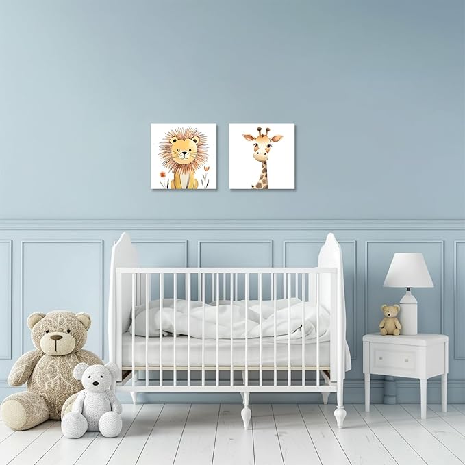 Baby Animal Framed Canvas Wall Art Set of 2 - Cute Baby Lion Giraffe Paintings Posters Woodland Animals Pictures Prints for Kids Room Bedroom Decor(Artwork-03, 12"x12"x2P)
