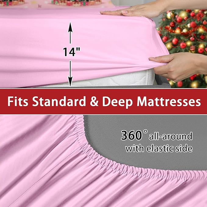 7 Pcs Queen Size Christmas Comforter Set with 2 Pillowcases & 2 Shams, Black Cat Xmas Trees Bedding for Kids and Adults, Pink Snowflakes Bed in a Bag with Flat Fitted Sheet