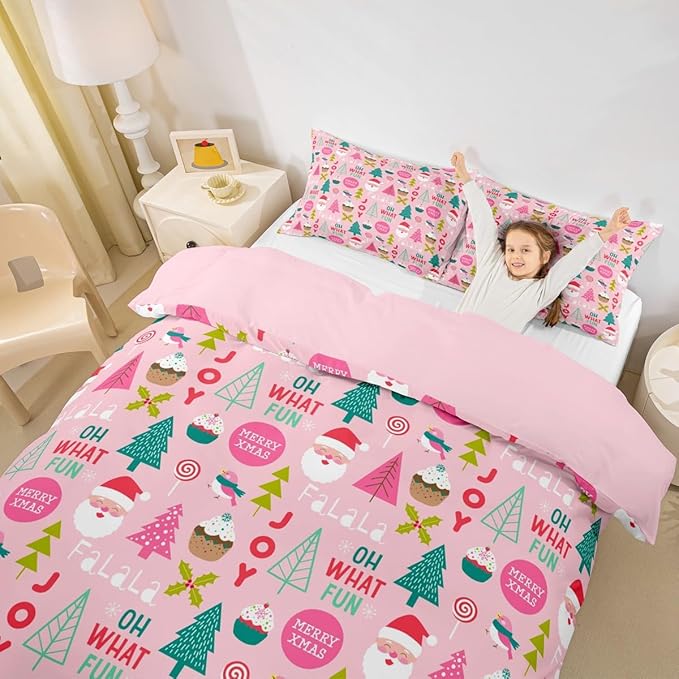 Feelyou Christmas Kids Bedding Set Cartoon Santa Claus Duvet Cover for Boys Children Teens Bedroom Decor Christmas Tree Comforter Cover Set Xmas Theme Bedspread Cover King Size with 2 Pillow Case