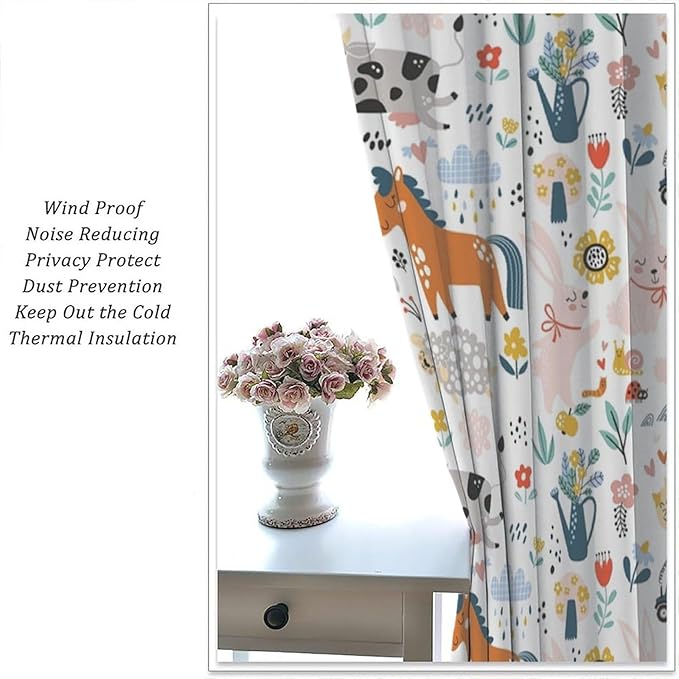 Farm Animal Curtains for Kids, Cartoon Cute Wild Animal Window Treatments Woodland Farmhouse Cow Horse Pig Window Drapes for Girls Boys Nursery Toddler Bedroom 63x72in