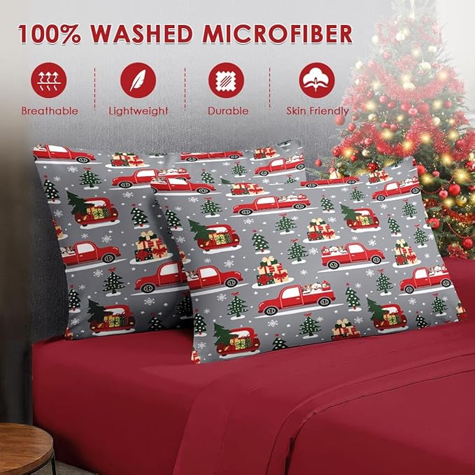 7 Pcs Full Size Christmas Comforter Set with 2 Pillowcases & 2 Shams, Red Cartoon Truck Bedding for Kids and Adults, Merry Winter Pine Tree Bed in a Bag with Flat Fitted Sheet