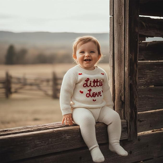 Lesimsam Newborn Baby Boy Girl Valentines Day Outfit Oversized Embroidery Long Sleeve Knit Sweater Bubble Romper Bodysuit