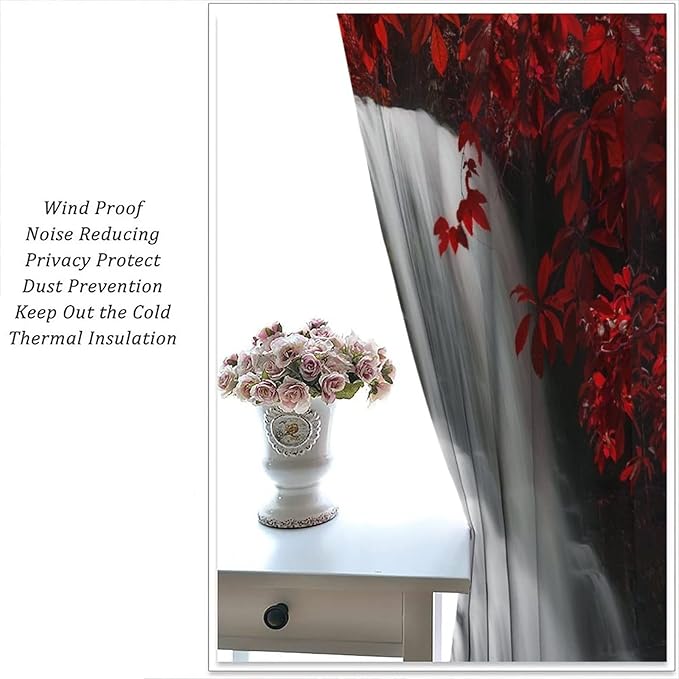 Red Forest Waterfall Blackout Windows Curtains, Waterfall Red Forest Black and Red Natural Landscape Print Window, for Living Room Bedroom 72x63in 2 Panels