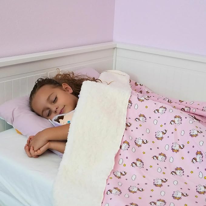Kids Sherpa Throw Blanket – Soft Cotton & Warm Sherpa Toddler Blanket, Pink Unicorn & Clouds Pattern, Plush Winter Bed Throw, 40 x 60 inches