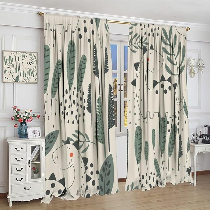 Funny Dinosaur Curtains, Jungle Cute Cartoon Animals Tropical Leaves Plant Beige Green Print Blackout Window Treatments for Kids Boys Girls Bedroom Living Room 84x84in