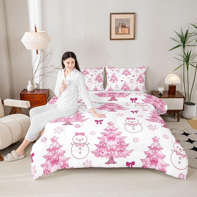 Feelyou Merry Christmas Kids Comforter Set Full Size Cute Snowman Bedding Set Cartoon Bowknot Duvet Quilt for Kids Boys Girls Bedroom Christmas Tree Decor Microfiber Ultra Soft Breathable