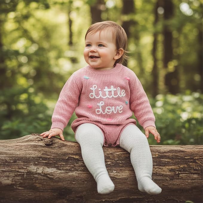 Lesimsam Newborn Baby Boy Girl Valentines Day Outfit Oversized Embroidery Long Sleeve Knit Sweater Bubble Romper Bodysuit