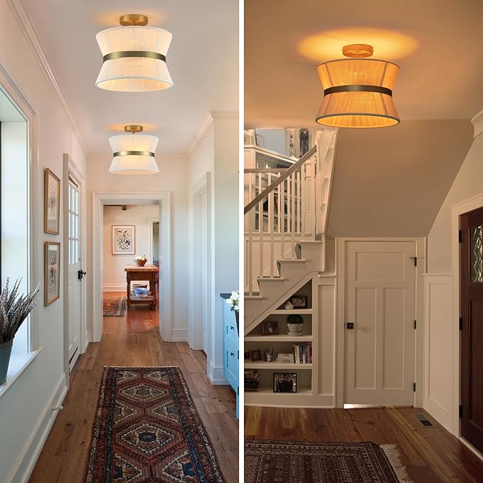Gold Semi Flush Mount Ceiling Light 2-Light Modern Drum Dining Room Lighting Fixture 12.6” Beige Fabric Lamp for Bedroom Entryway Hallway Foyer Kitchen Island Living Room Nursery