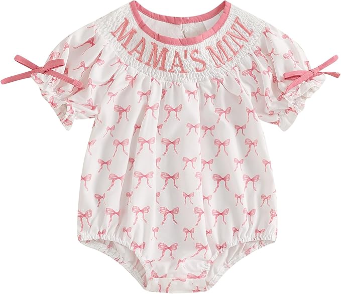 Newborn Baby Girl Romper Mamas Mini Bow Plaid Print Puff Sleeve Smocked Bubble Romper Jumpsuit Bodysuit Clothes