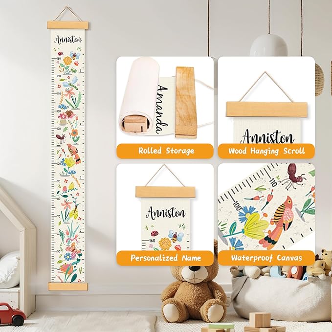 Personalized Name Growth Chart Wall Decor for Kids – Canvas Removable Height Chart Measuring Ruler 59" x 7.9" (Flower Birds)