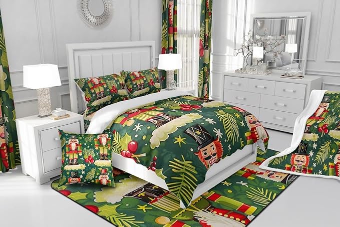Christmas Cartoon Soldier Comforter Set Twin Size,Christmas Leaves Snowflake Bedding Set for Kids Boys Girls Room Decor,Xmas Abstract Art Quilt Set 2Pcs,Polka Dot Green Duvet Insert,1 Pillowcase
