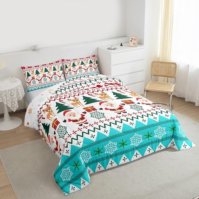 Feelyou Merry Christmas Bedding Set Soft for Boys Girls, Santa Claus Comforter Set King Size Cute Deer Duvet Quilt Microfiber Snowflake Bedroom Decor 3 Pcs with 2 Pillow Cases
